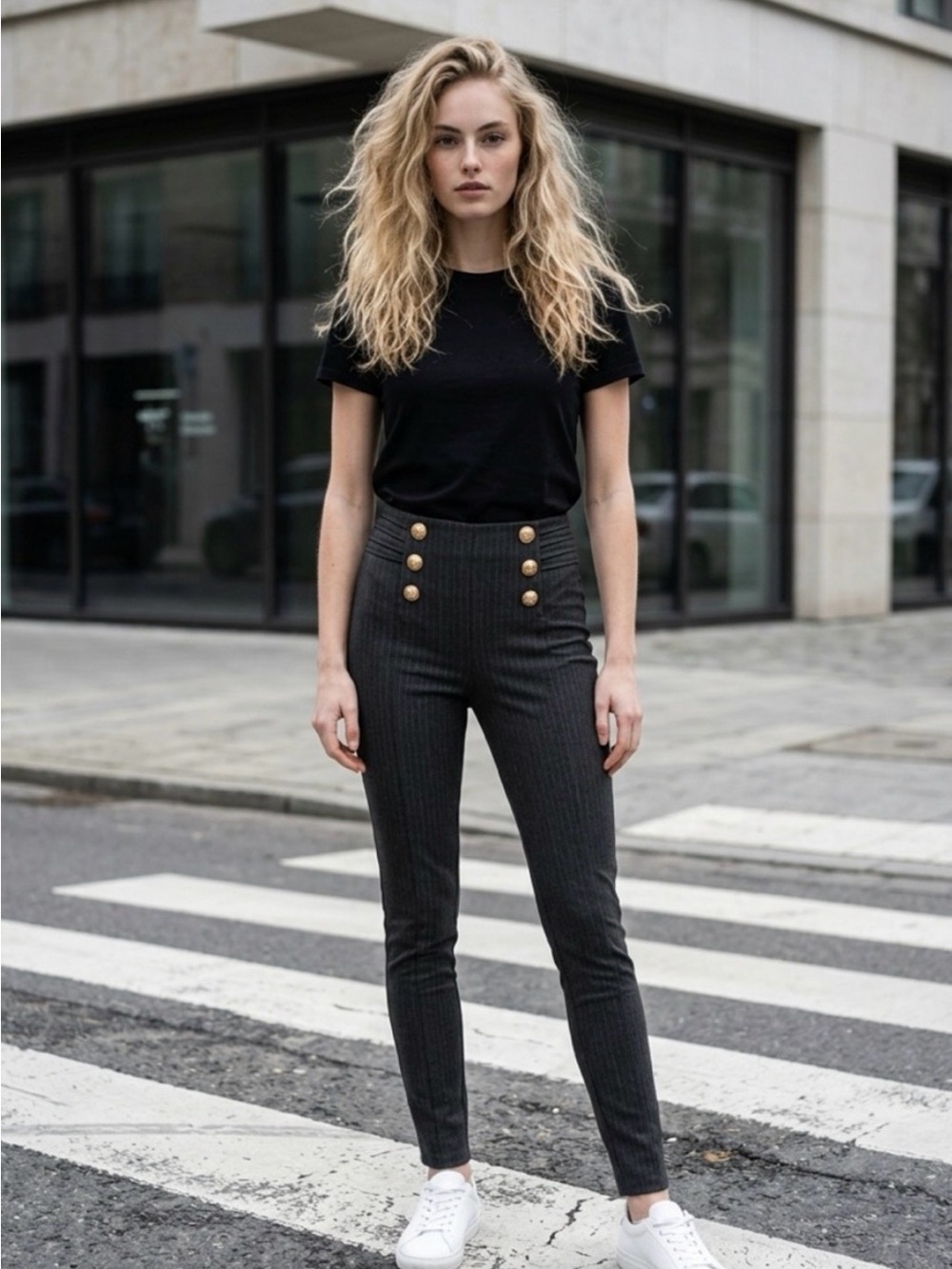 Zara High-Waisted Pinstripe Women’s Skinny Pants with Gold Buttons - Black.
